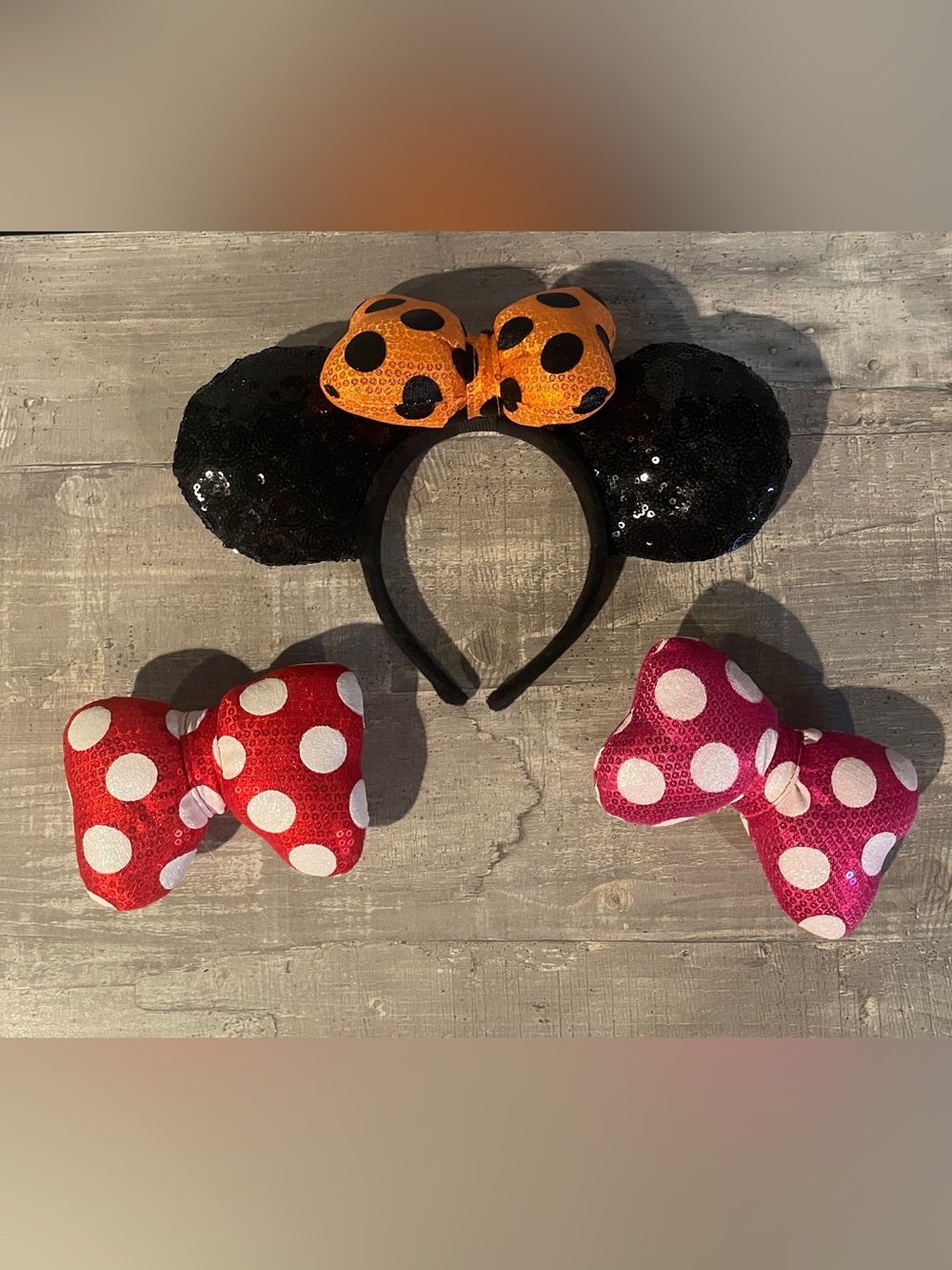 Halloween Black Sequin Walt Disney Mickey Minnie Mouse Ears 3 Polka Dots Bows